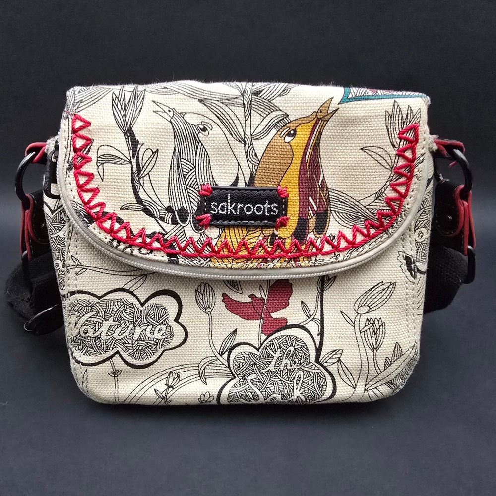 Sakroots Artist Circle Crossbody Bag Nature Bird Print Coated Canvas Cream Red